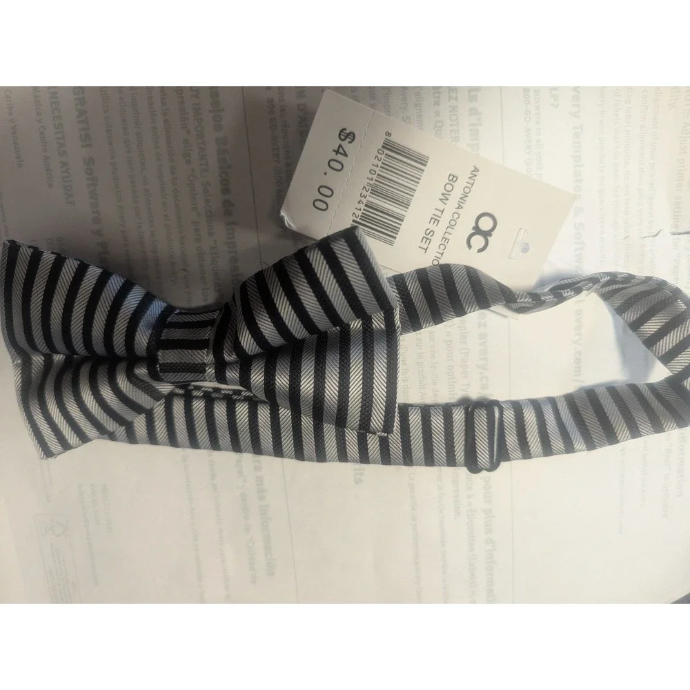 Antonia Collection Silk Bow Tie‎ Set Black Gray Stripe Pre Tied NWT Formal